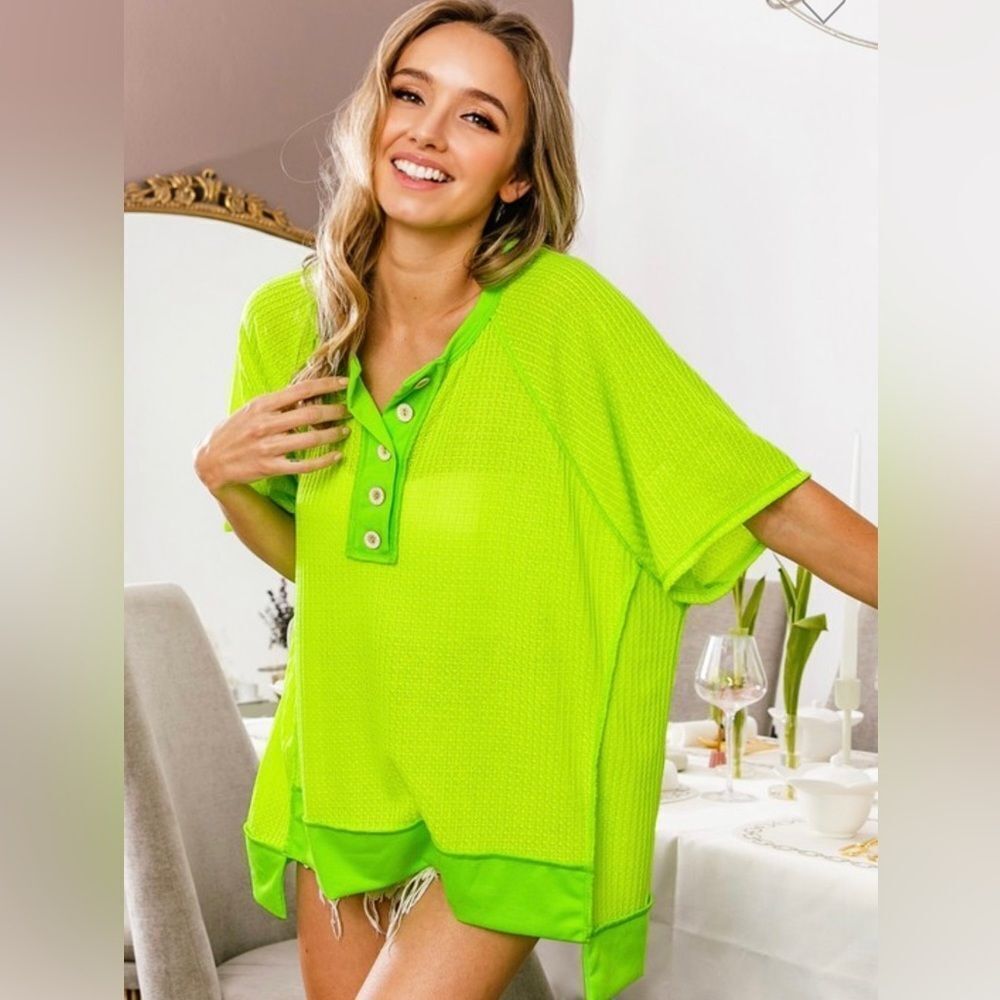 NEW! Neon Green Waffle Knit with French Terry Block Uneven Hem Top